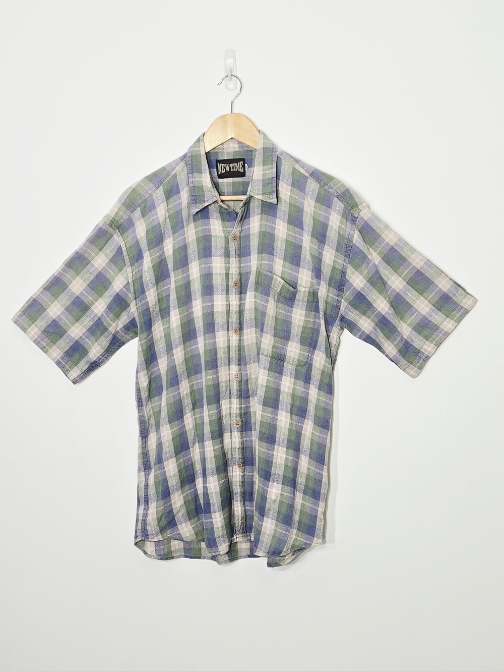 New Time Vintage Cotton Linen Blend Green Blue Plaid Short Sleeves Size Large